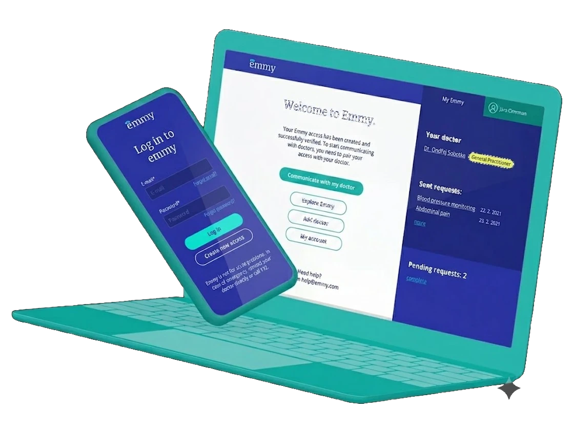 The Emmy app on a phone and a laptop — sign-in and request overview